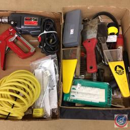 Assorted Tools - Plug in Drill, ice scrapers, stapler, scraper, etc.