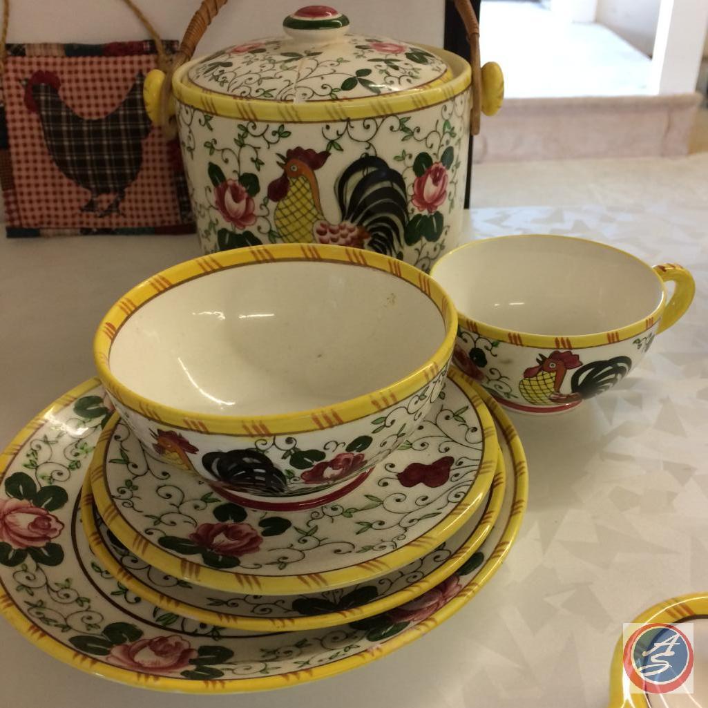 6 Roosters & Roses pieces - 3 small plate, cup, small bowl, covered container (lid on container is
