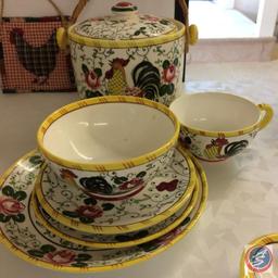 6 Roosters & Roses pieces - 3 small plate, cup, small bowl, covered container (lid on container is