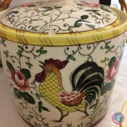 6 Roosters & Roses pieces - 3 small plate, cup, small bowl, covered container (lid on container is