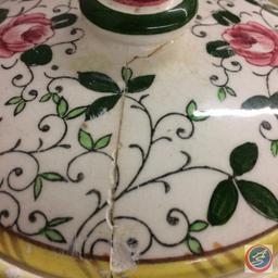 6 Roosters & Roses pieces - 3 small plate, cup, small bowl, covered container (lid on container is