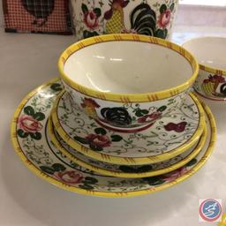 6 Roosters & Roses pieces - 3 small plate, cup, small bowl, covered container (lid on container is
