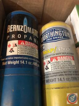 Assorted Taps, Dies, Drill Bits, Key Faubs, GMC Center Cap, (2) 14 oz. Propane Tanks, One Torch Head
