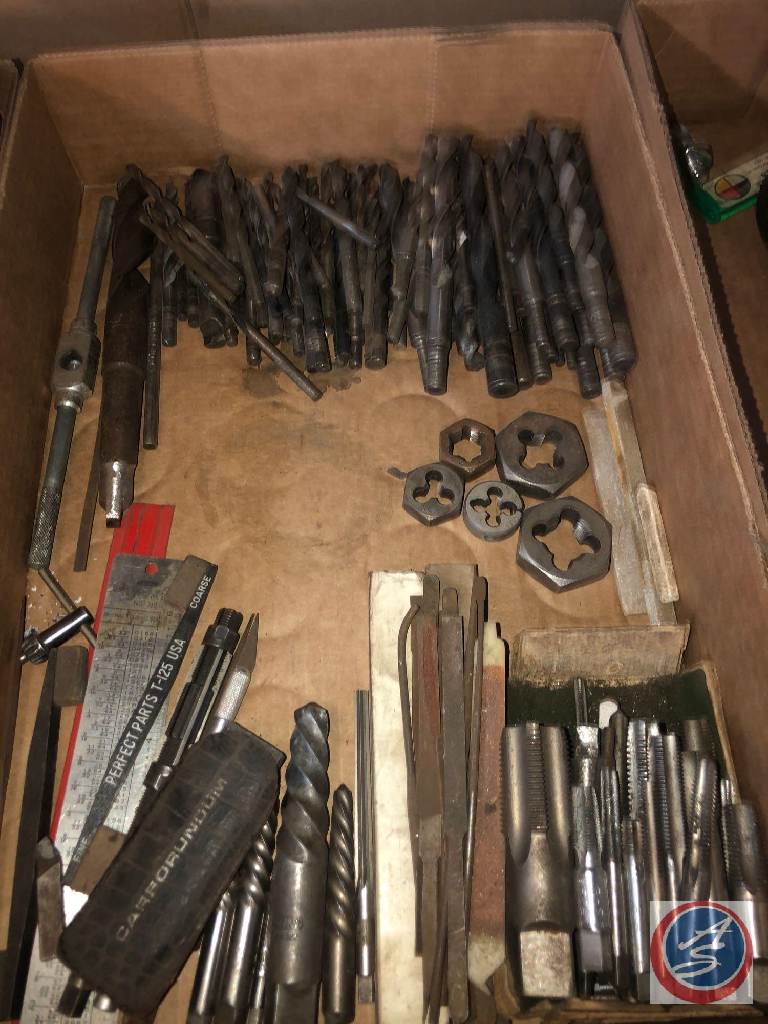 Assorted Taps, Dies, Drill Bits, Key Faubs, GMC Center Cap, (2) 14 oz. Propane Tanks, One Torch Head