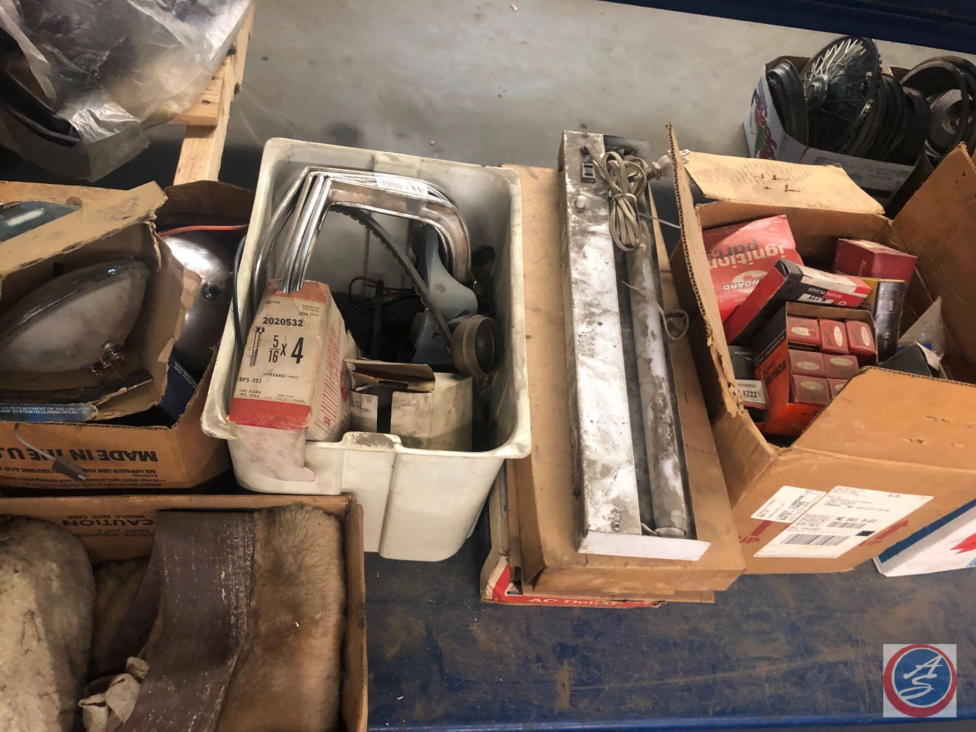 Assorted Light Bulbs and Head Lights with Hardware, GM Fire Ring Spark Plugs Part No. 46N, Seat Belt
