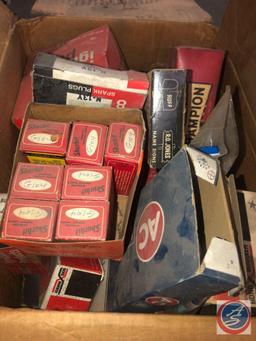 Assorted Light Bulbs and Head Lights with Hardware, GM Fire Ring Spark Plugs Part No. 46N, Seat Belt