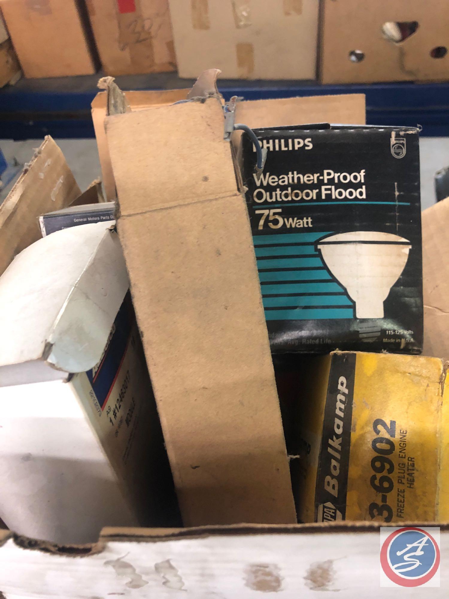 Assorted Light Bulbs and Head Lights with Hardware, GM Fire Ring Spark Plugs Part No. 46N, Seat Belt