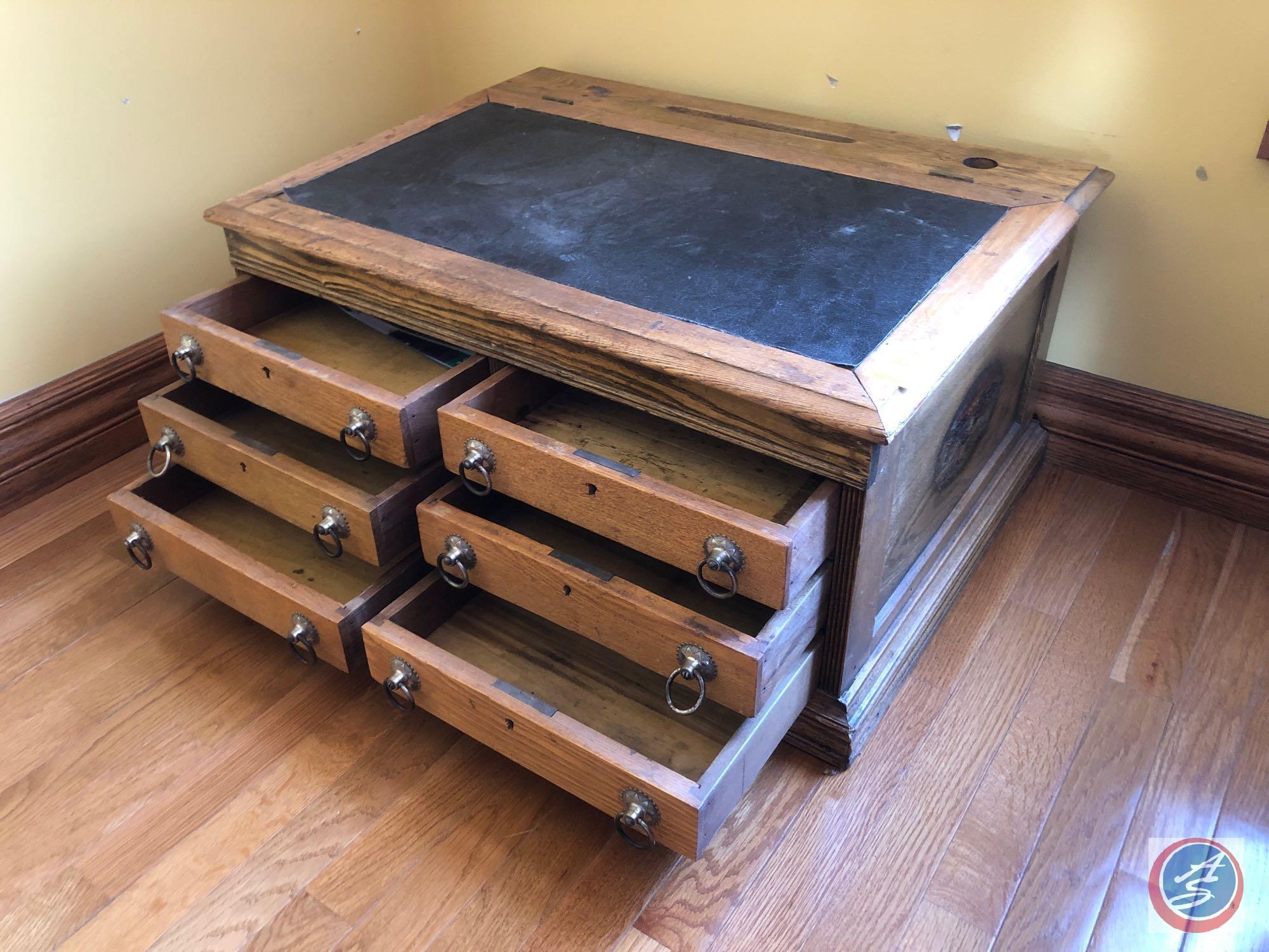 Antique Counter Top Six Drawer Spool Cabinet Measuring 30" X 22" X 14"