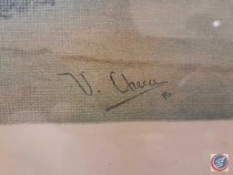 Horses During A Fight Framed Signed V. Checa Measuring 32"X 23"
