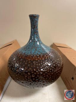 Sage green And Brown Vase (11 1/2", Also A Blue Vase (15") Also A Round Ceramic Blue And Brown Vase