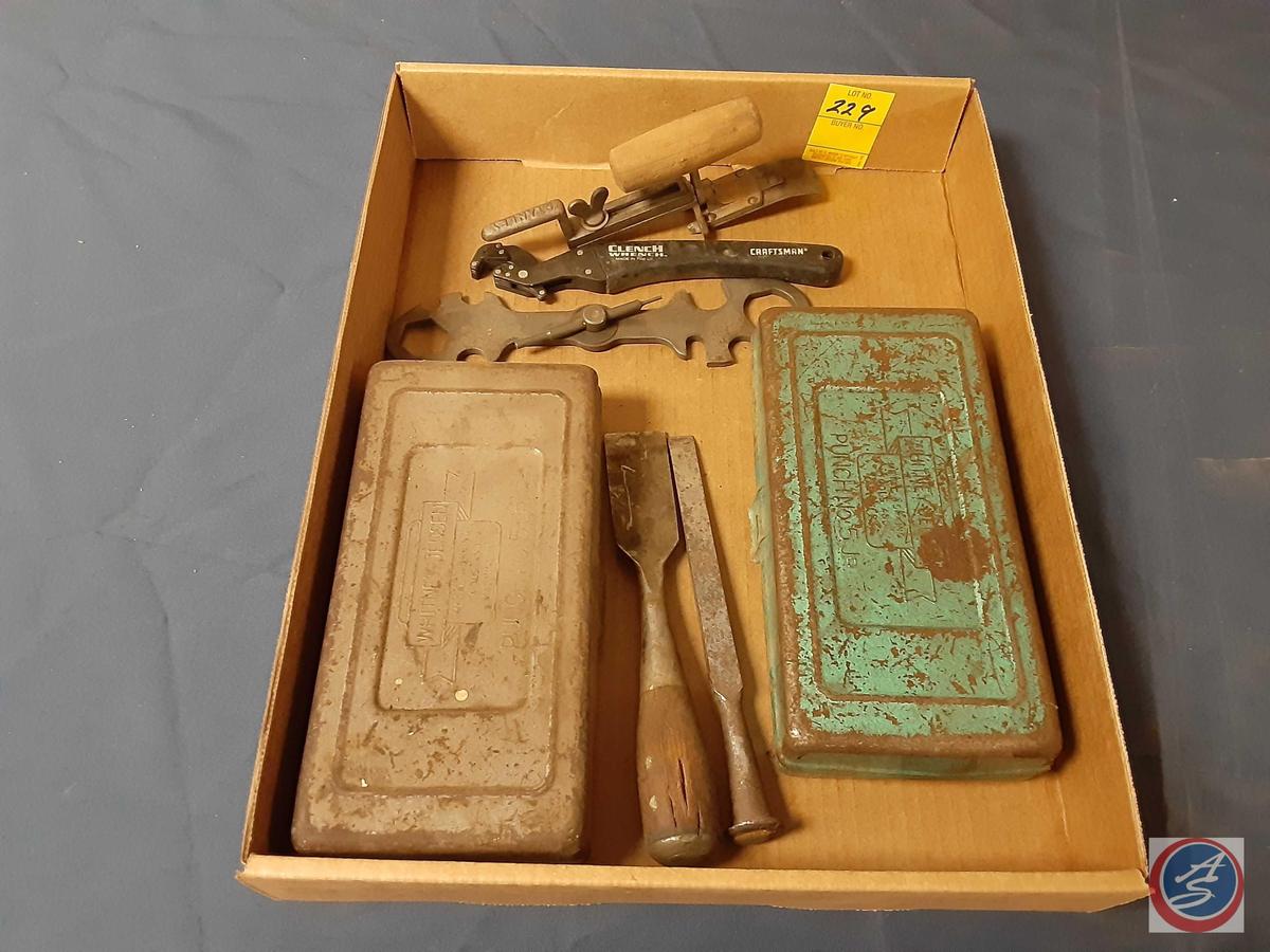 (2) Vintage Roper Whitney Metal Tool No. 5 (missing punches), Craftsman Clench Wrench, M-6 Combo