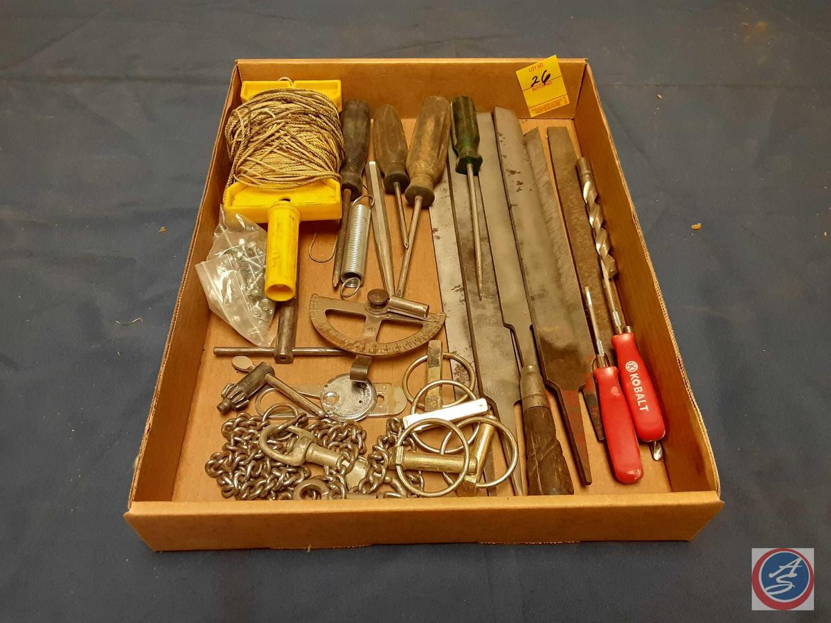 Metal Files, Drill Bits, Linch Pins, Screws, Punch, Nylon String on carrier