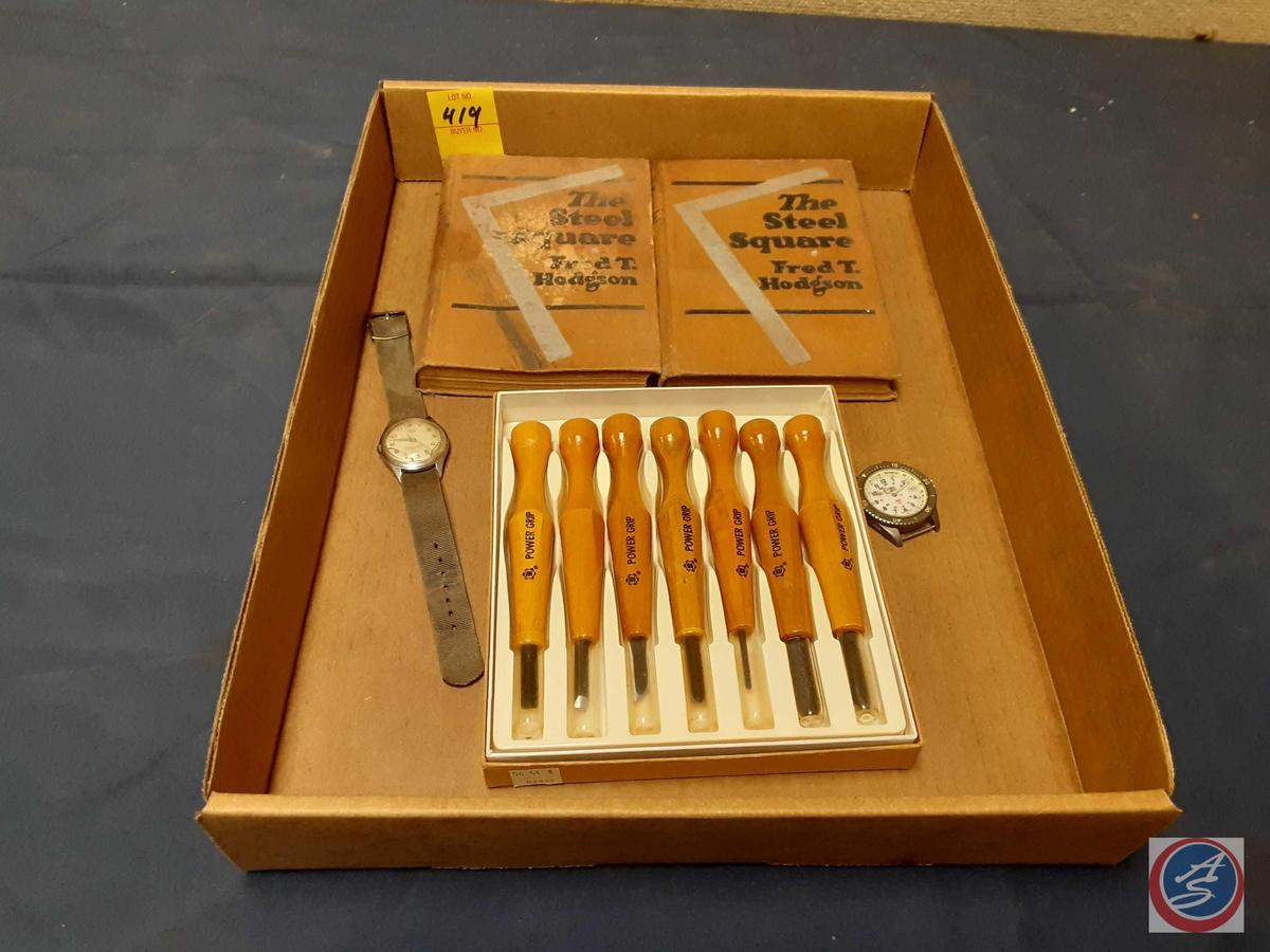 Power Grip Carving Chisel Set, Vintage Books "The Steel Square (Fred T. Hodgson)",......