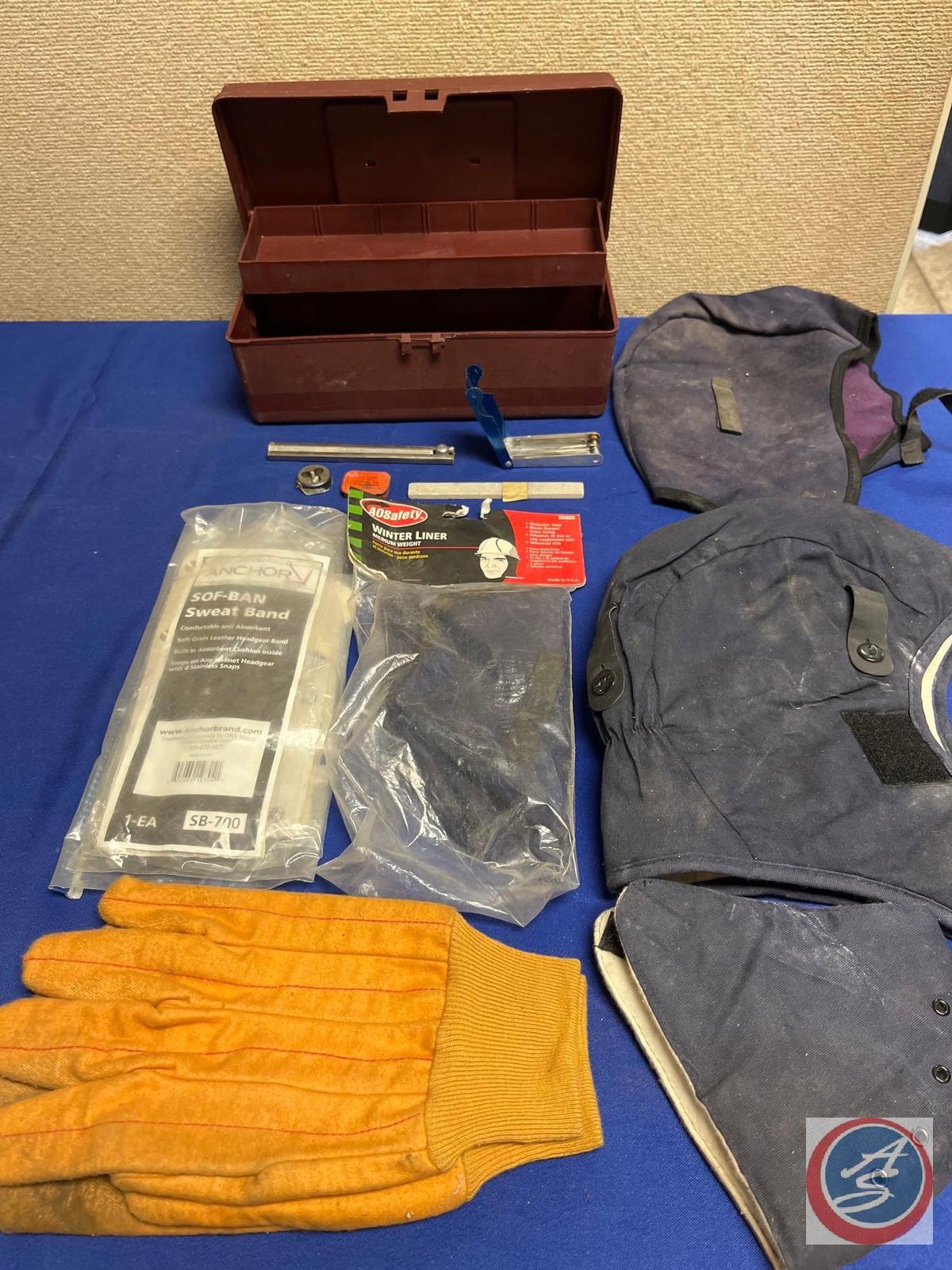 Hardhat Winter Liners, Sweat Bands, Gloves, Small Plastic Tool Box