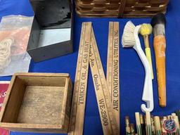 Cup & Plant Holder, Drill Bit Box (empty), Woven Basket, Vintage Wooden Folding Ruler, Vintage