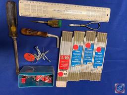 Vintage Folding Rulers, Advertising Ruler, Wooden Gate Latch and Eye Screws in Plastic Container,