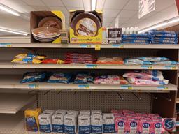 Baking supplies: pie crusts, almond bark, sugar, sweeteners, condensed milk, and flavorings