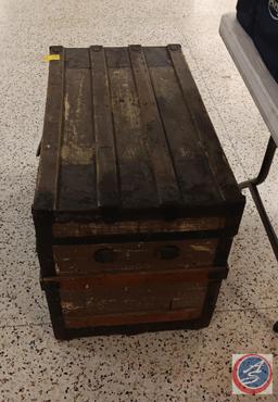Wooden trunk with contents 22 x 34 x 18 1/2