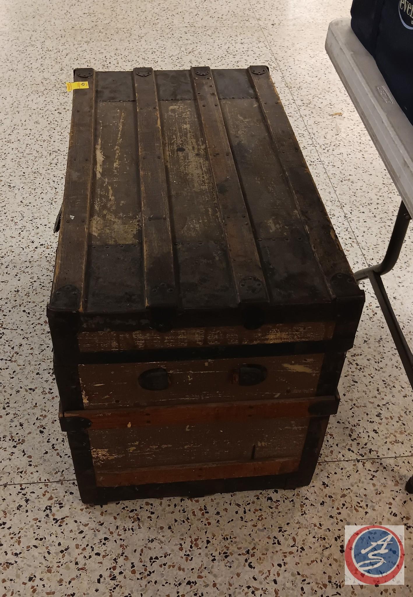 Wooden trunk with contents 22 x 34 x 18 1/2