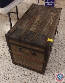 Wooden trunk with contents 22 x 34 x 18 1/2