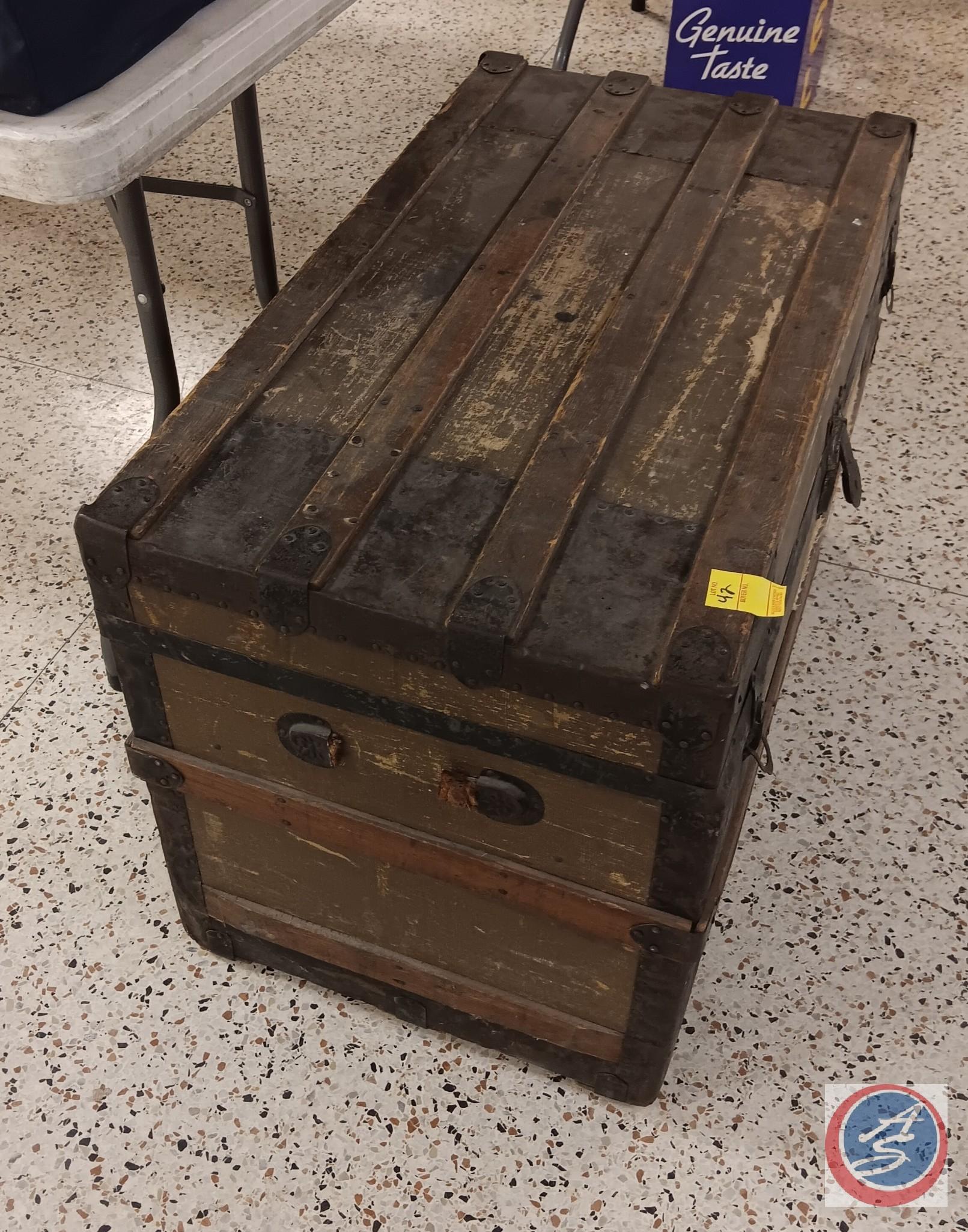Wooden trunk with contents 22 x 34 x 18 1/2