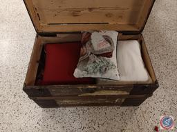 Wooden trunk with contents 22 x 34 x 18 1/2