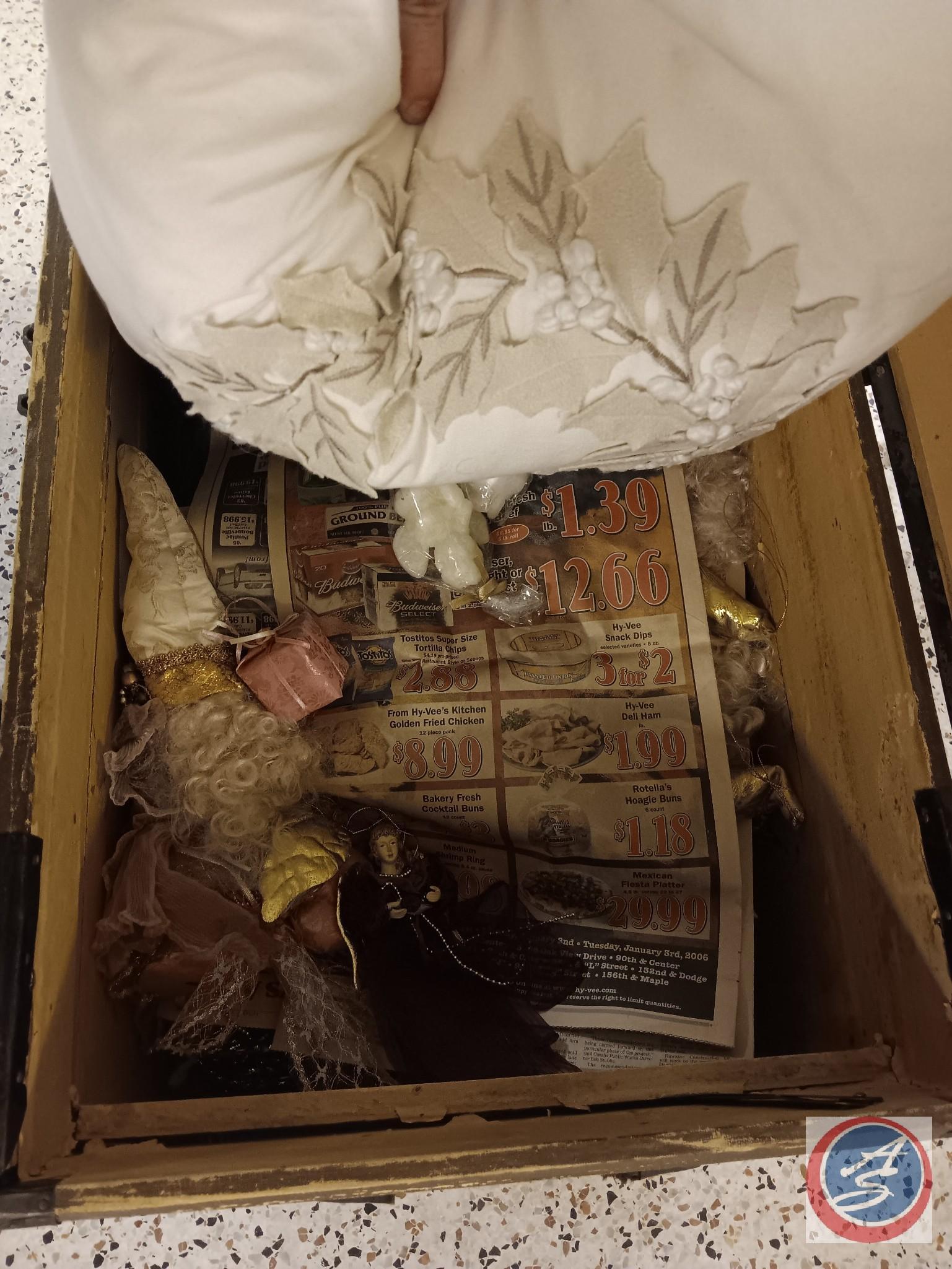 Wooden trunk with contents 22 x 34 x 18 1/2