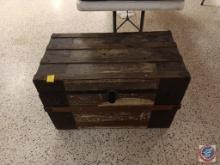 Wooden trunk with contents 22 x 34 x 18 1/2