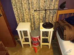 (2) White Side Tables, Lamp, and Nebraska Cornhusker Trashcan