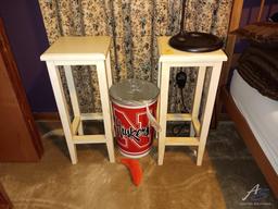 (2) White Side Tables, Lamp, and Nebraska Cornhusker Trashcan
