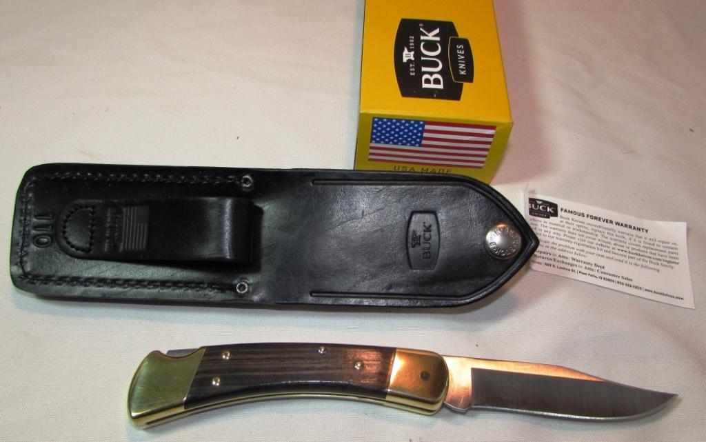 BUCK 110 FACTORY AUTO SWITCHBLADE KNIFE NIB WOOD