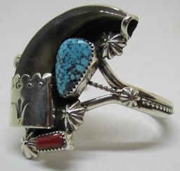 BEAR CLAW SPIDERWEB TURQUOISE CUFF BRACELET SILVER