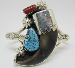 BEAR CLAW SPIDERWEB TURQUOISE CUFF BRACELET SILVER