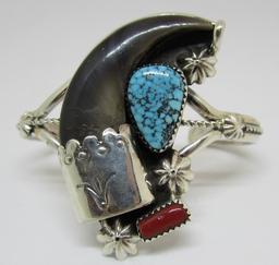 BEAR CLAW SPIDERWEB TURQUOISE CUFF BRACELET SILVER