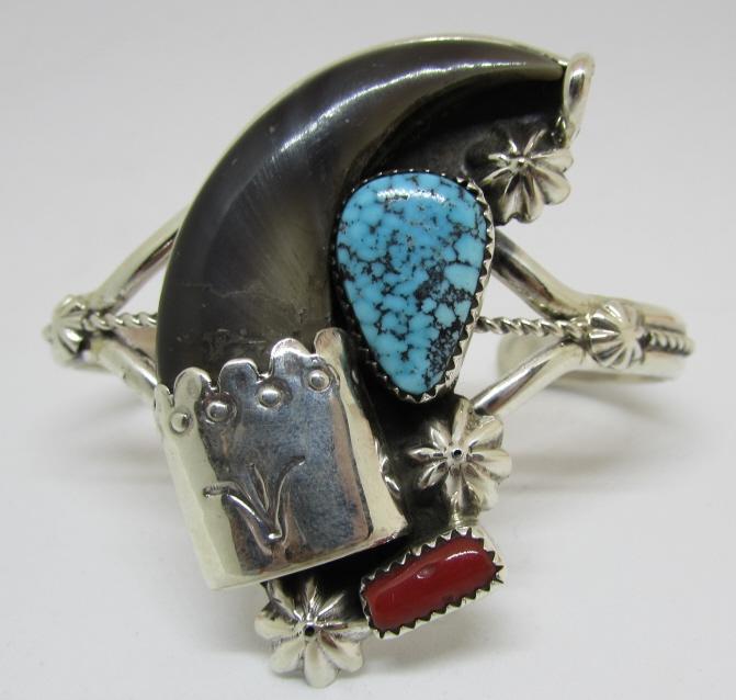 BEAR CLAW SPIDERWEB TURQUOISE CUFF BRACELET SILVER