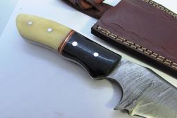 DAMASCUS HORN BONE LARGE CUSTOM KNIFE LEATHER