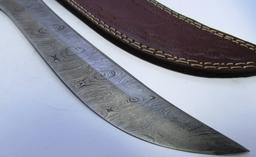 DAMASCUS HORN BONE LARGE CUSTOM KNIFE LEATHER