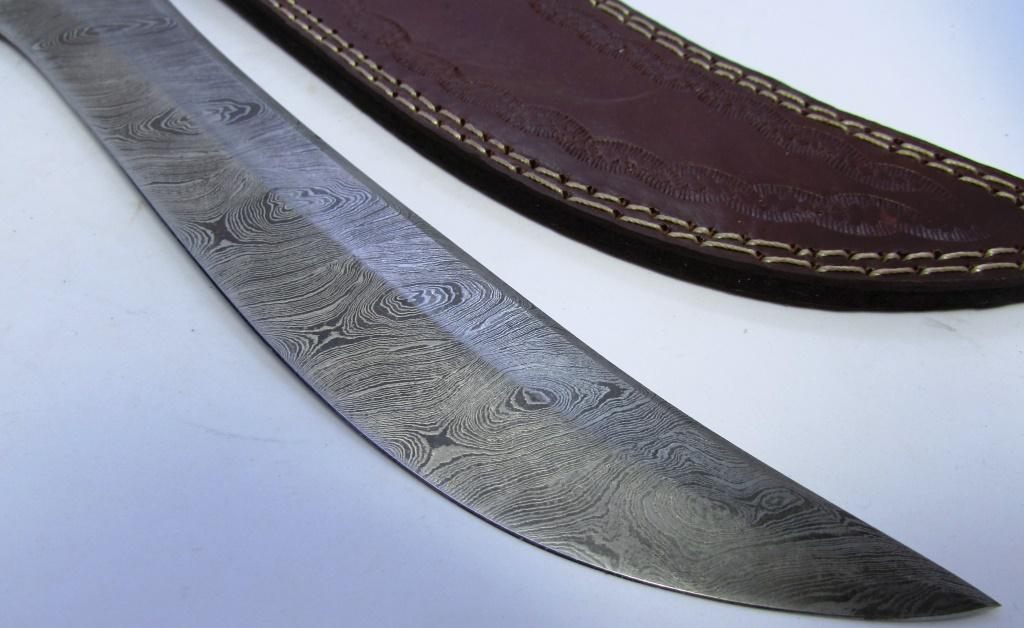 DAMASCUS HORN BONE LARGE CUSTOM KNIFE LEATHER