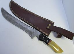 DAMASCUS HORN BONE LARGE CUSTOM KNIFE LEATHER