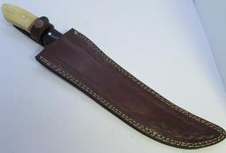 DAMASCUS HORN BONE LARGE CUSTOM KNIFE LEATHER