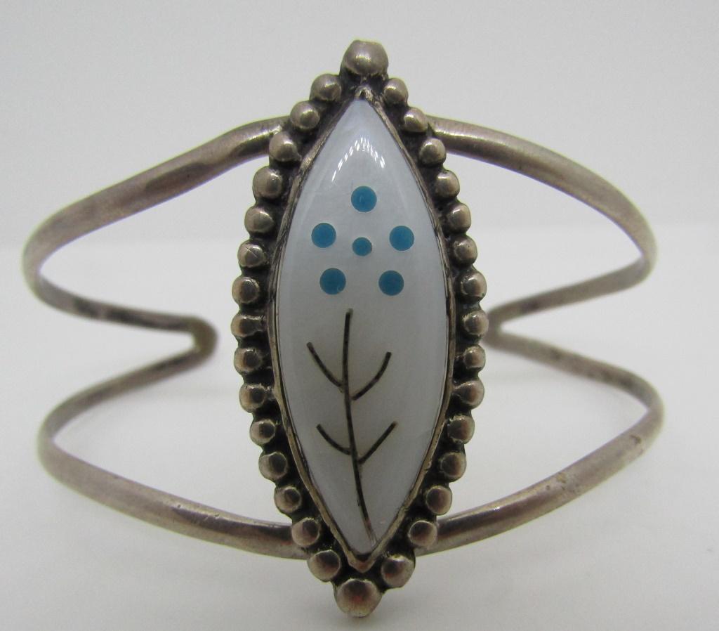 ZUNI INLAY TURQUOISE CUFF BRACELET STERLING SILVER