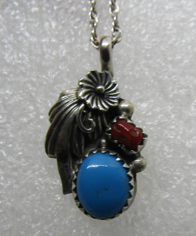 RB MARK TURQUOISE CORAL PENDANT NECKLACE STERLING