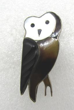 INLAY ZUNI OWL PIN STERLING SILVER SIGNED