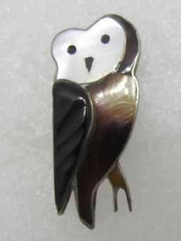 INLAY ZUNI OWL PIN STERLING SILVER SIGNED