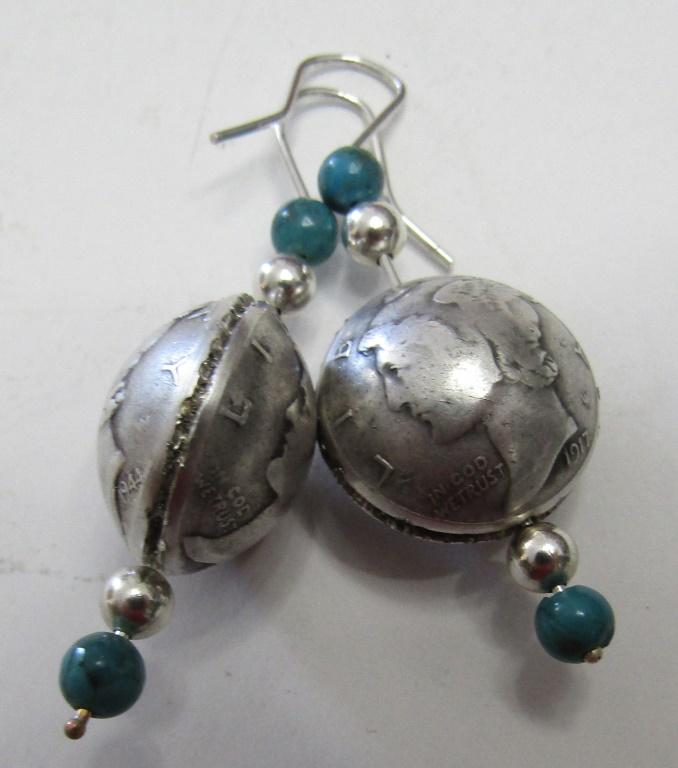 TURQUOISE EARRINGS 1917 MERCURY SILVER 4 US DIMES