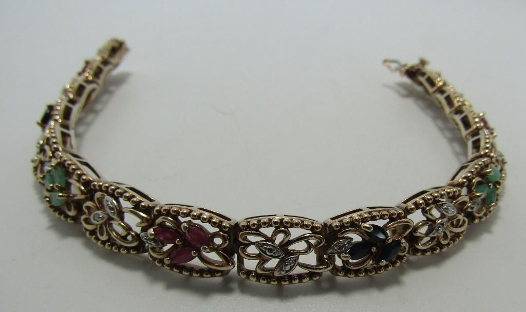 RUBY EMERALD DIAMOND BRACELET GOLD N STERLING SILV