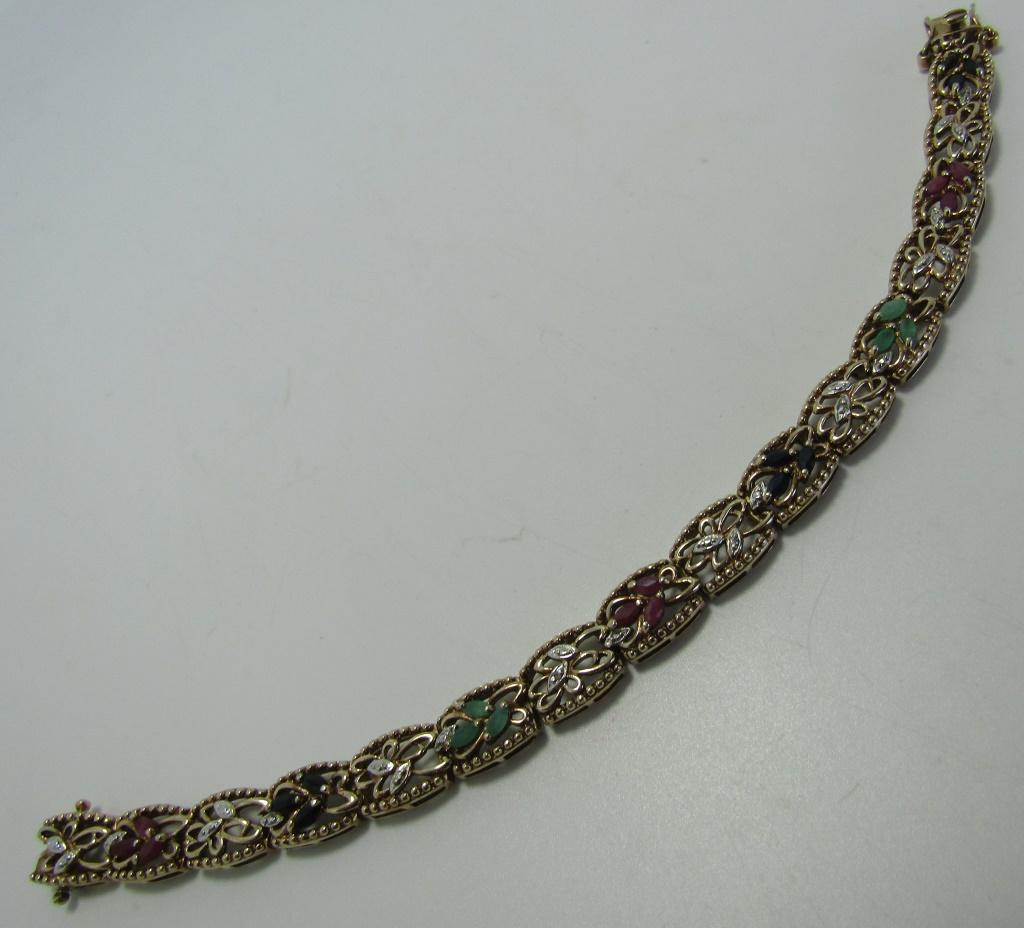 RUBY EMERALD DIAMOND BRACELET GOLD N STERLING SILV