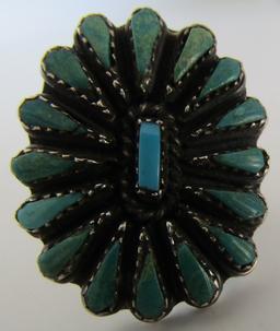 PETIT POINT TURQUOISE RING STERLING SILVER CLUSTER