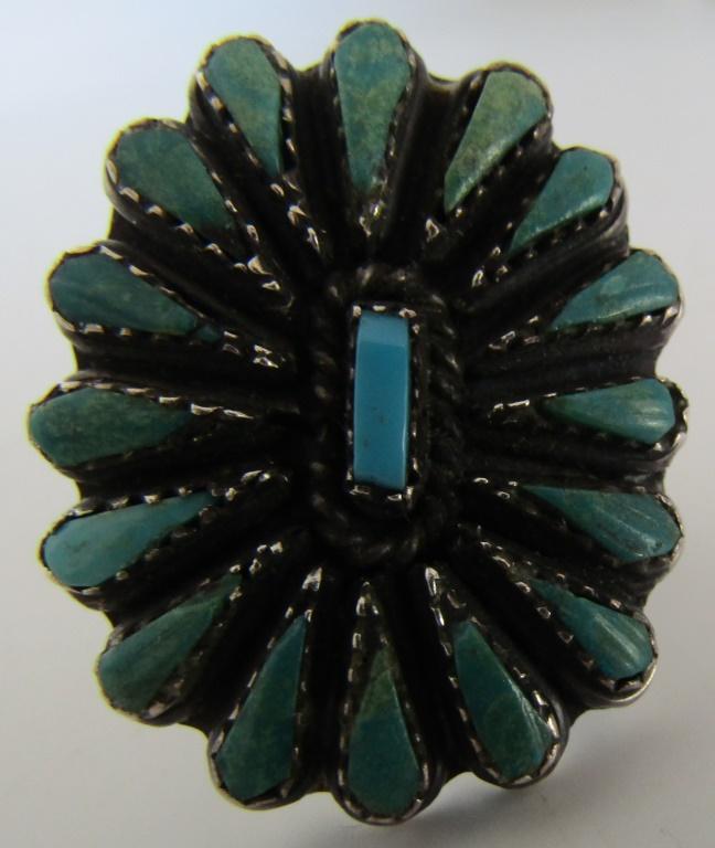 PETIT POINT TURQUOISE RING STERLING SILVER CLUSTER