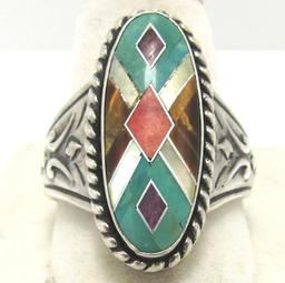 TURQUOISE TIGERSEYE INLAY RING SZ9 STERLING SILVER